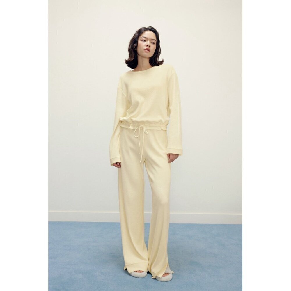 Neiwai Womens Ribbed Wide Leg Pant XL Beige High Rise Flare Pull On Minimalist - Picture 8 of 9